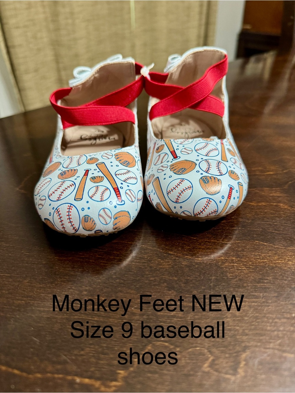 Monkey Feet White Baseball Print Mary Janes with Red Straps New no tags